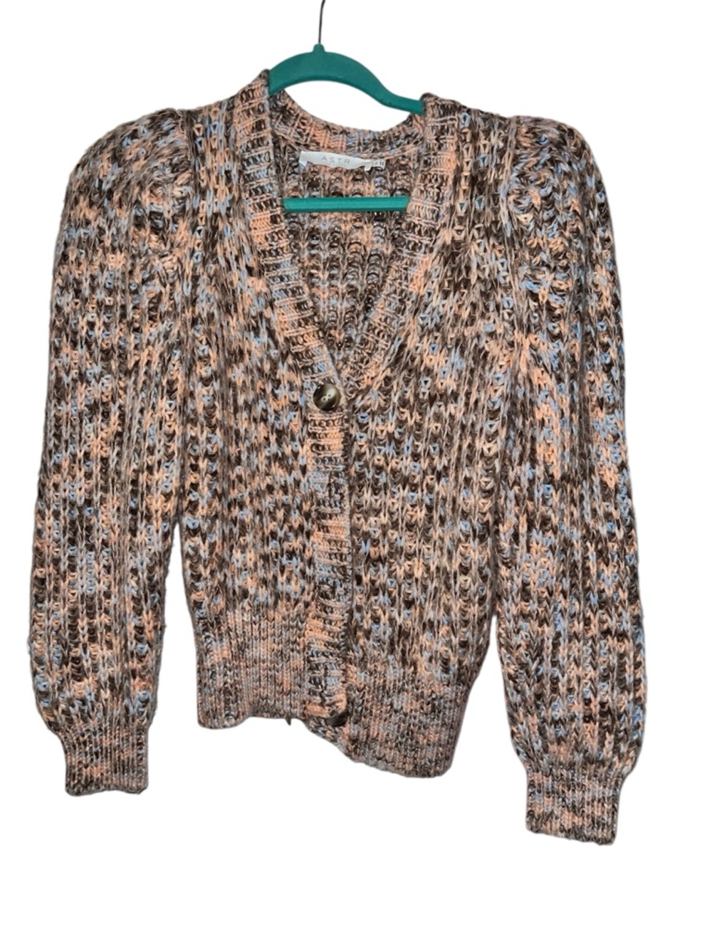 ASTR the Label Space Dye Puff Sleeve Chunky Cardigan Sweater XS Copper Multi